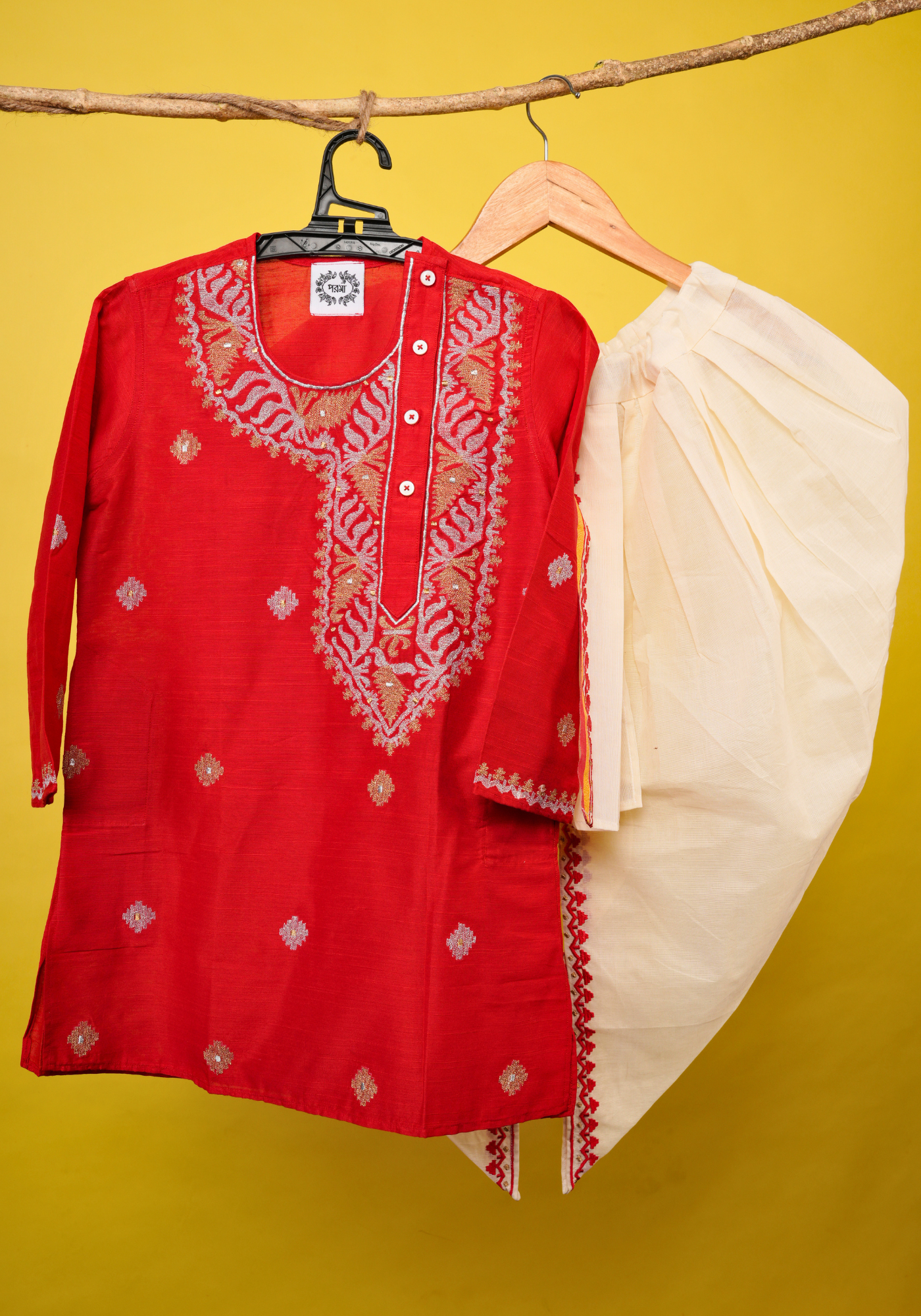 PAAN PAATA RED KURTA DHUTI SET