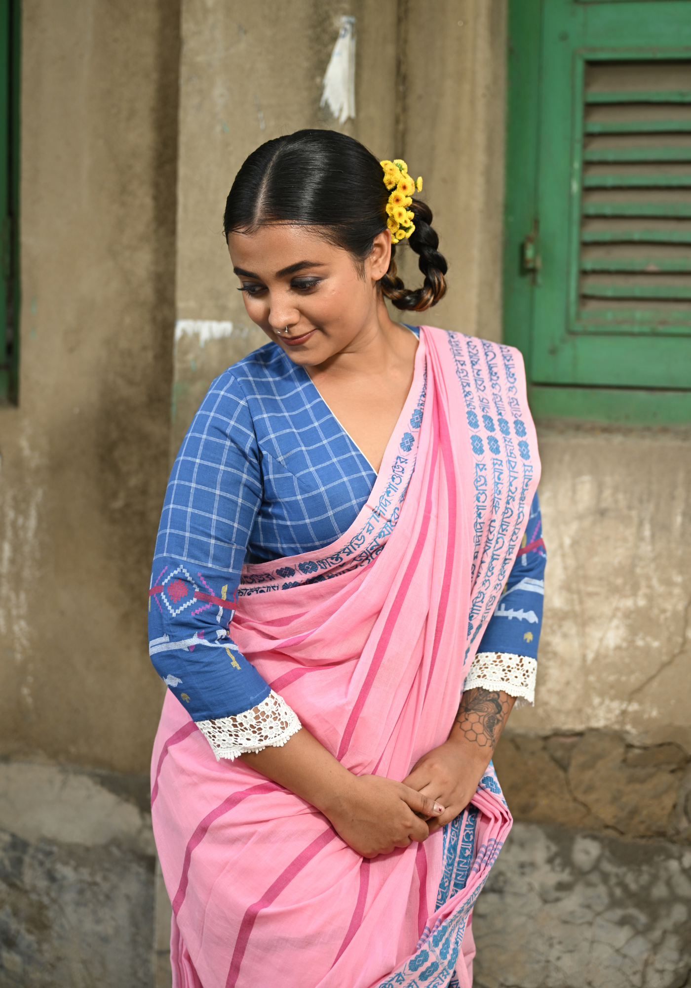 BLUE CHECK JAMDANI SHABEKI BLOUSE