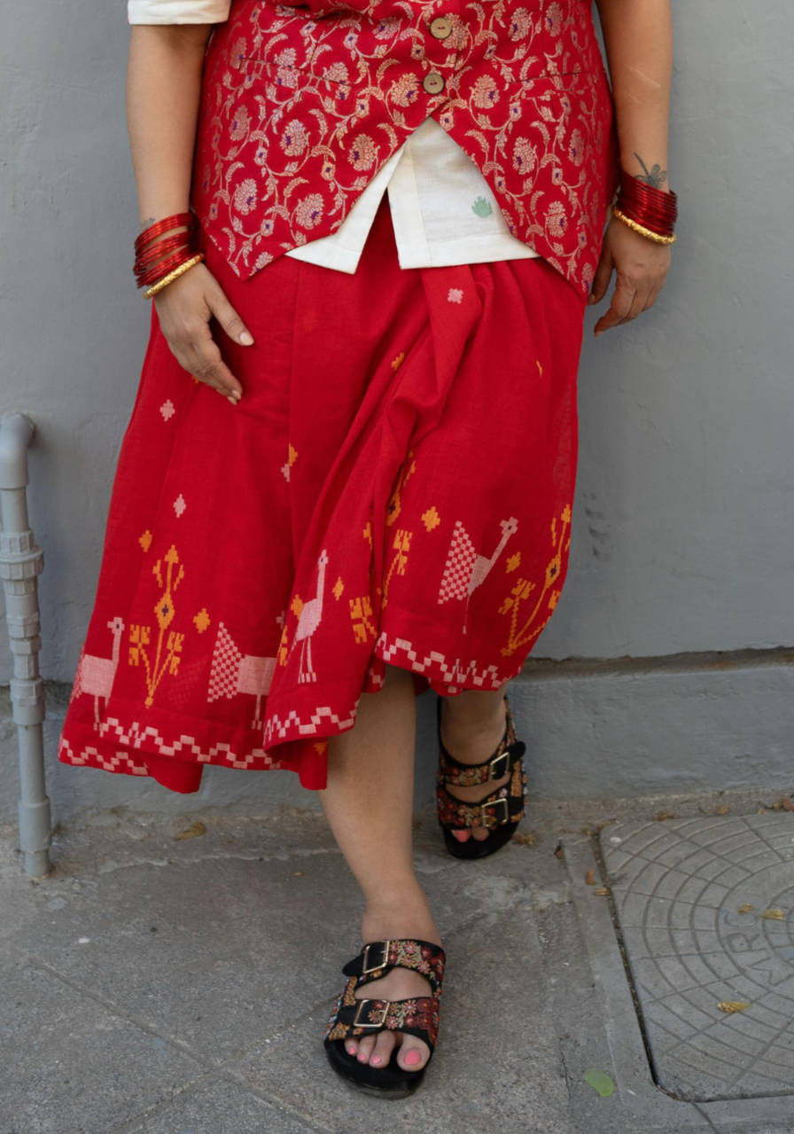 RED KUMKUM PLEATED SKIRT