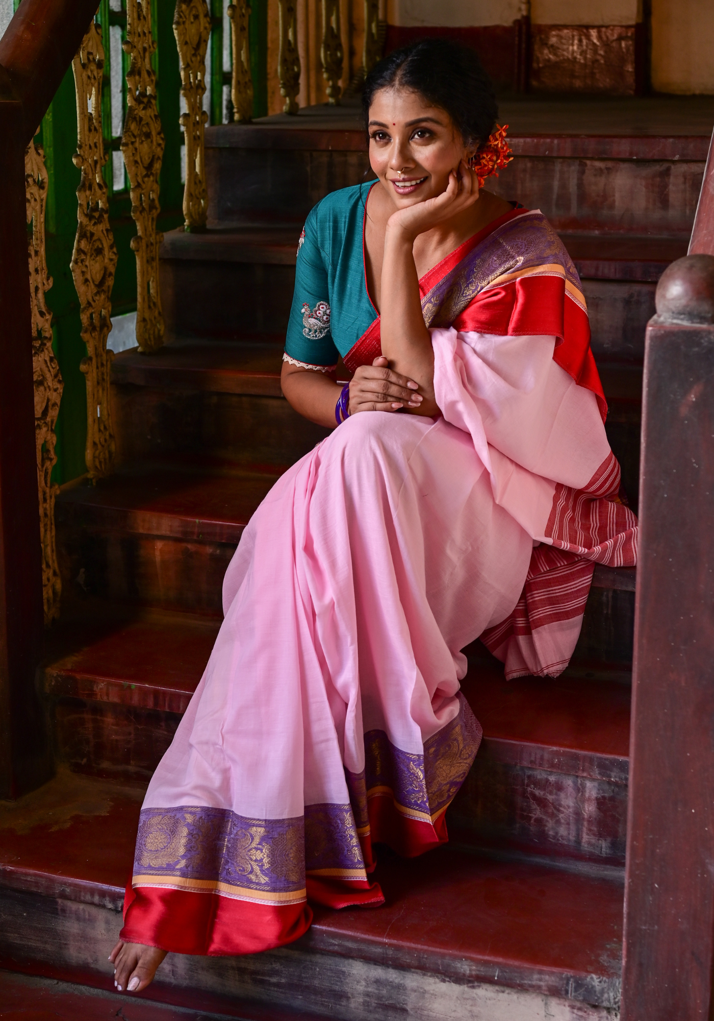 PINK SATIN RED PAAR TANT SAREE