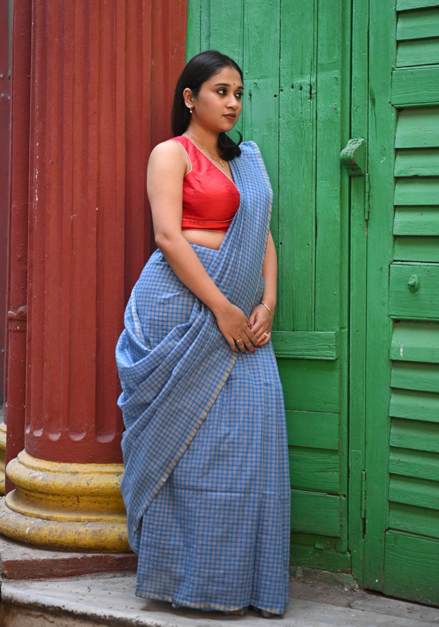 NEEL CREAM CHECK SAREE