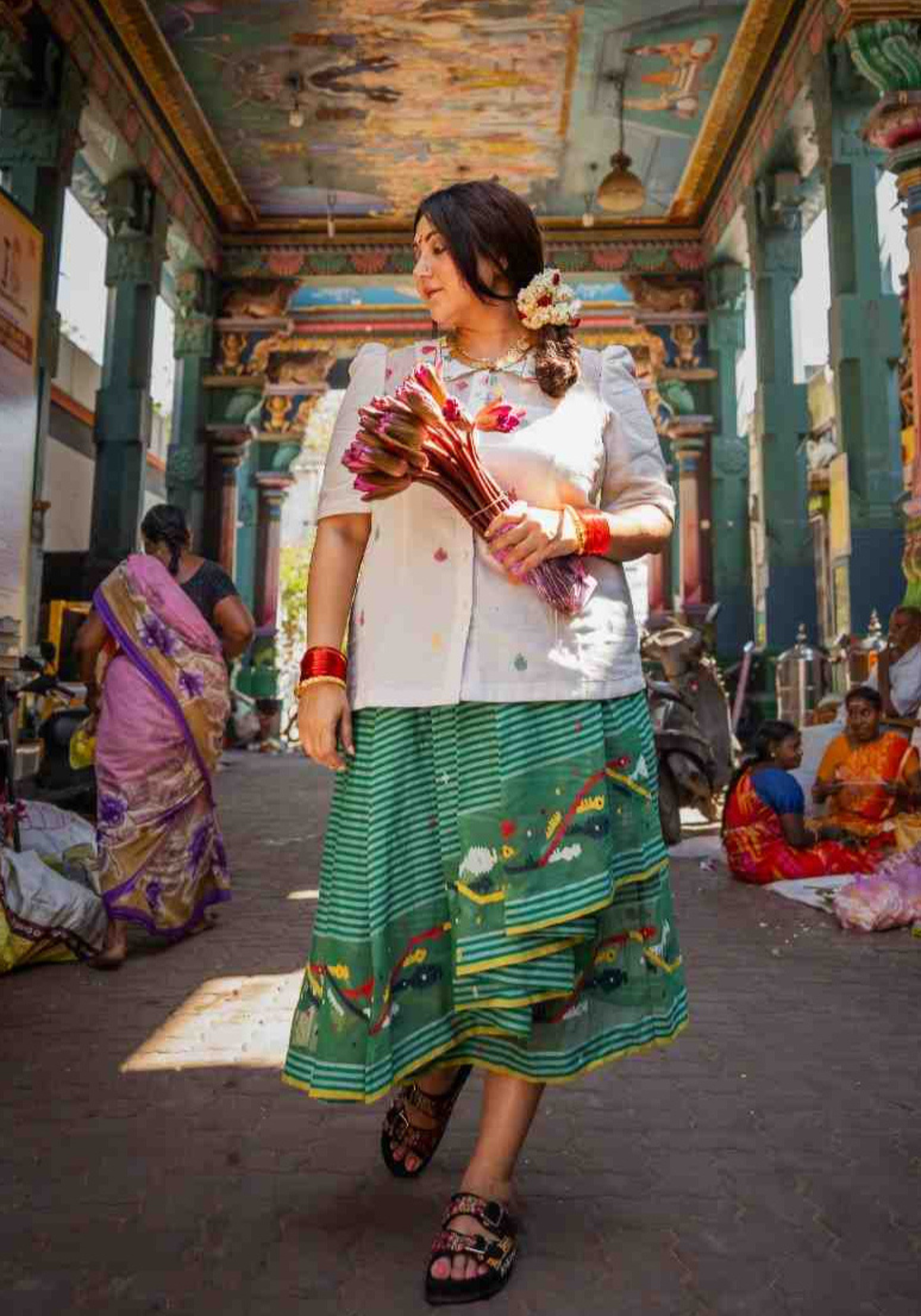 PONDICHERRY GREEN PLEATED SKIRT