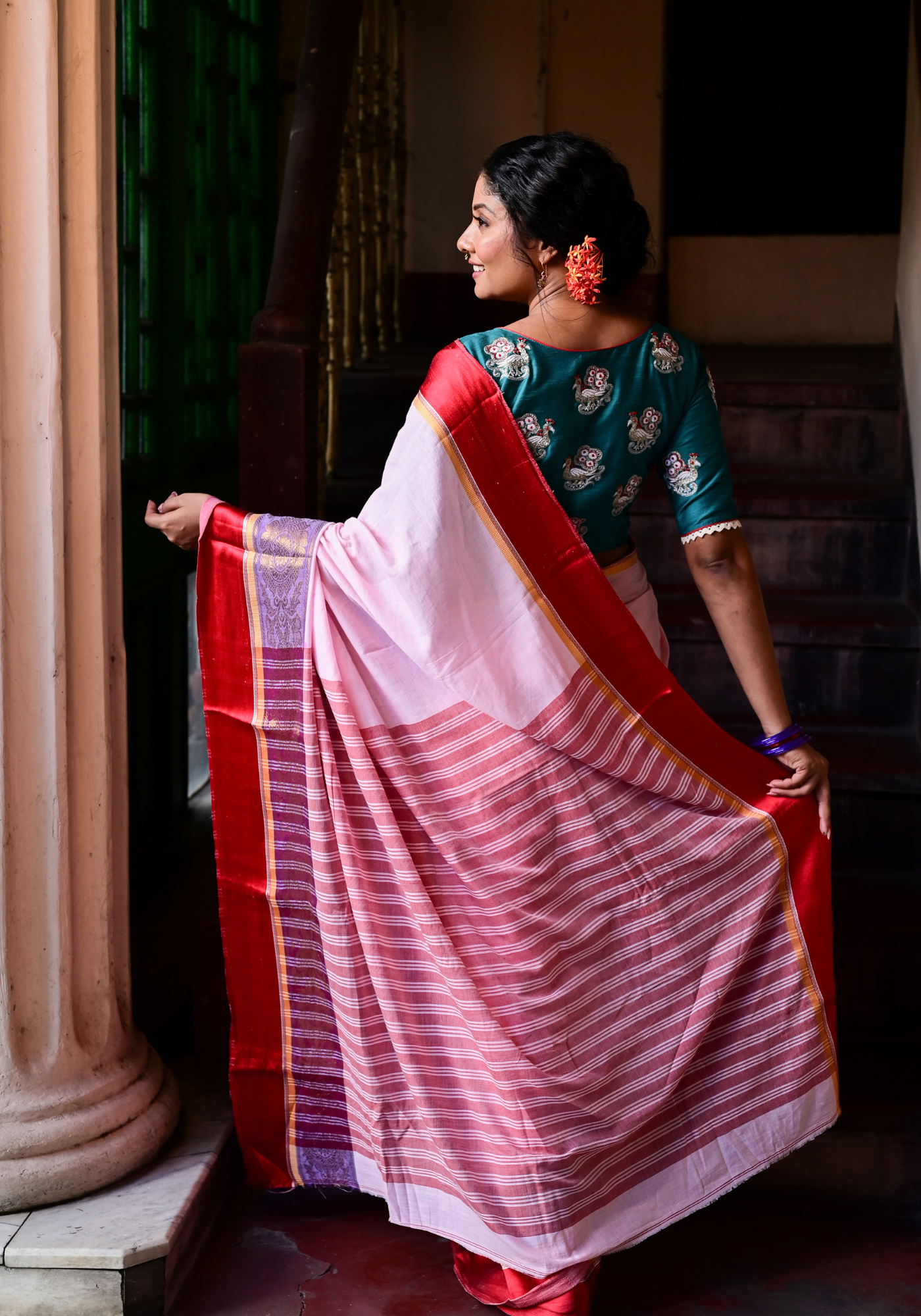 PINK SATIN RED PAAR TANT SAREE