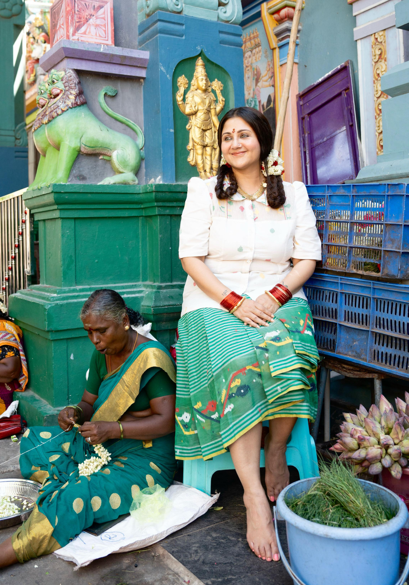 PONDICHERRY GREEN PLEATED SKIRT