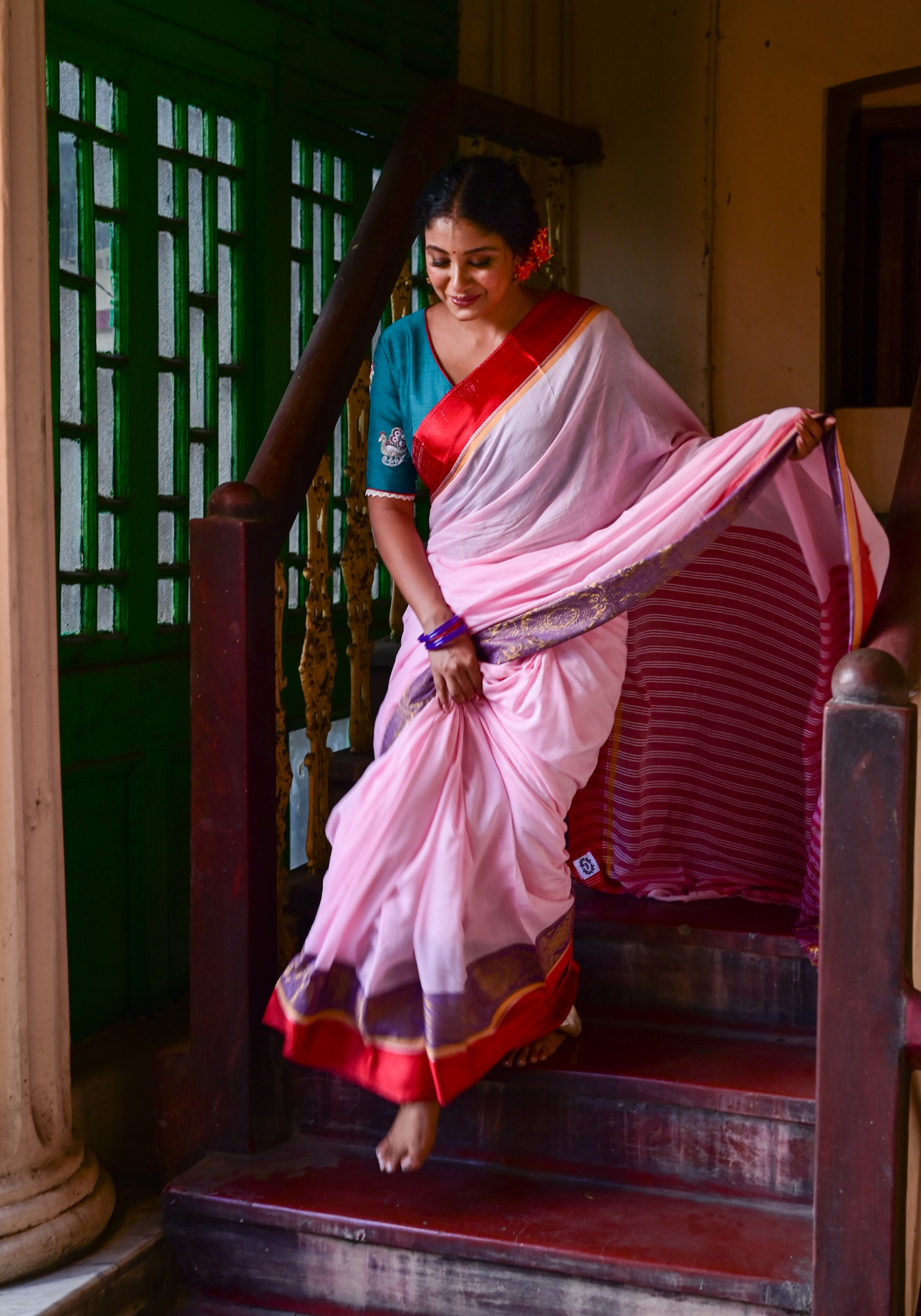 PINK SATIN RED PAAR TANT SAREE