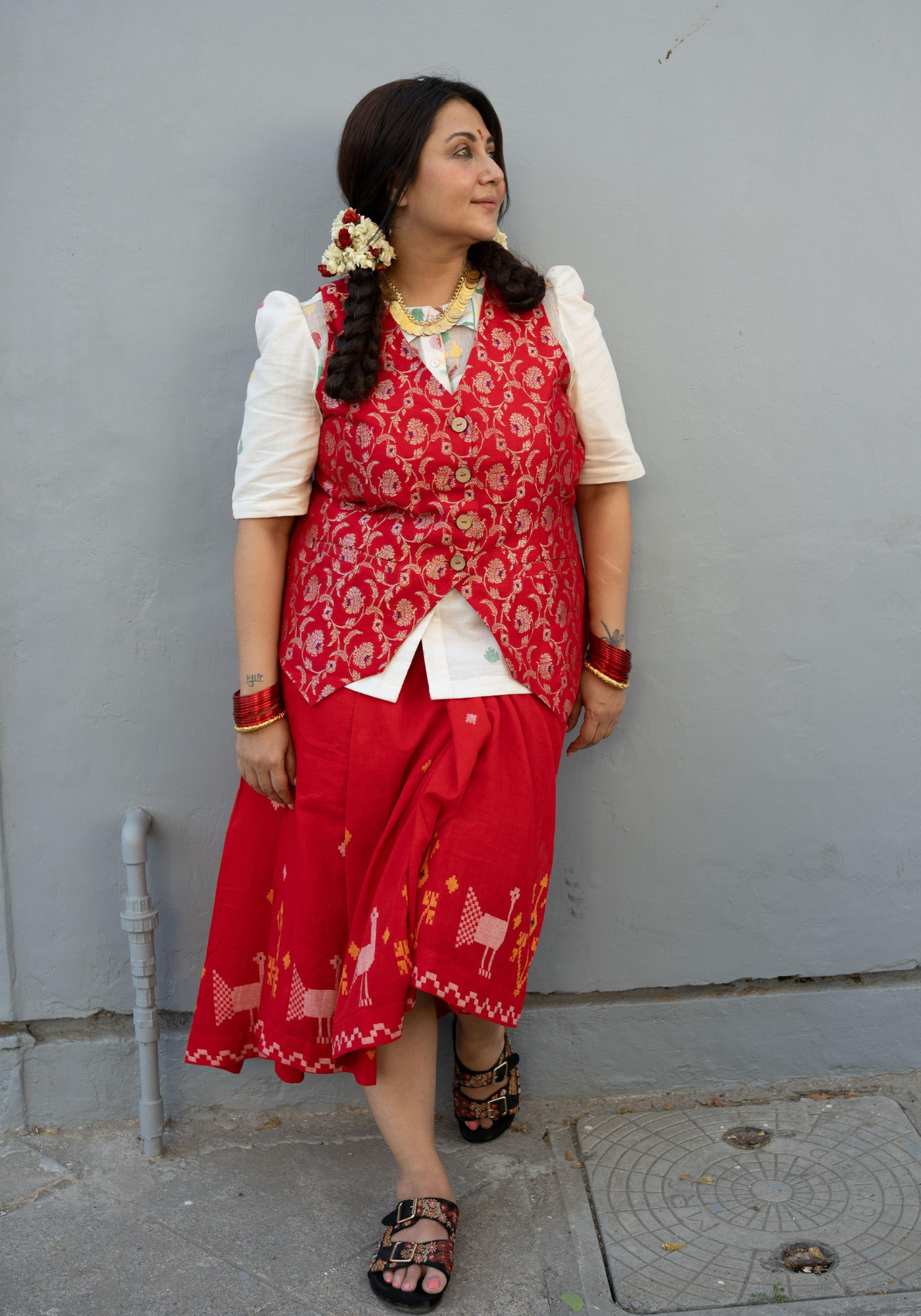 RED KUMKUM PLEATED SKIRT