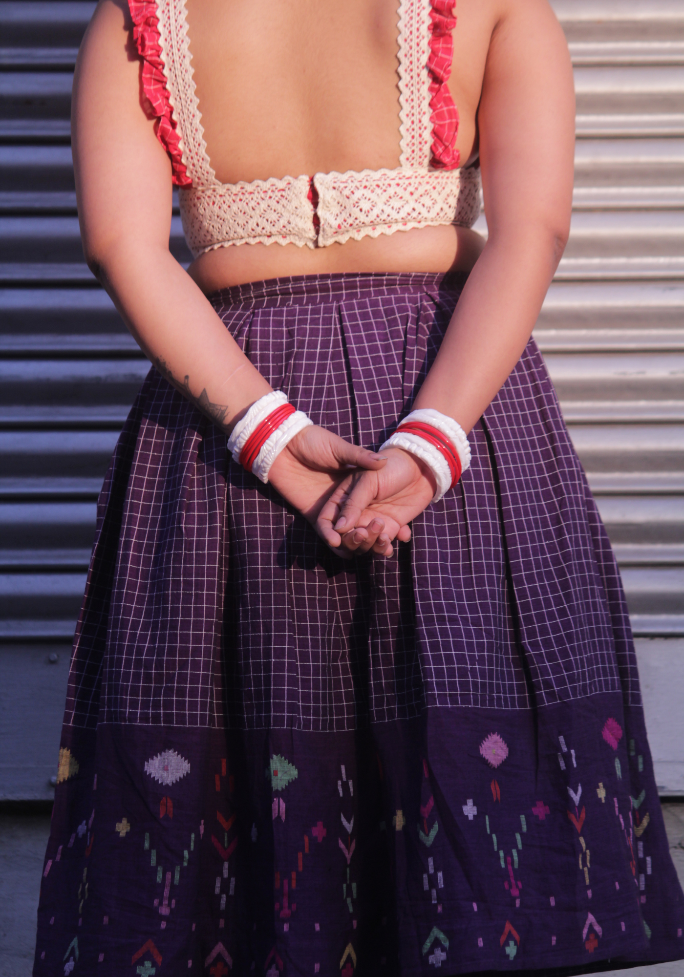 RED JAMDANI BUSTIER BLOUSE