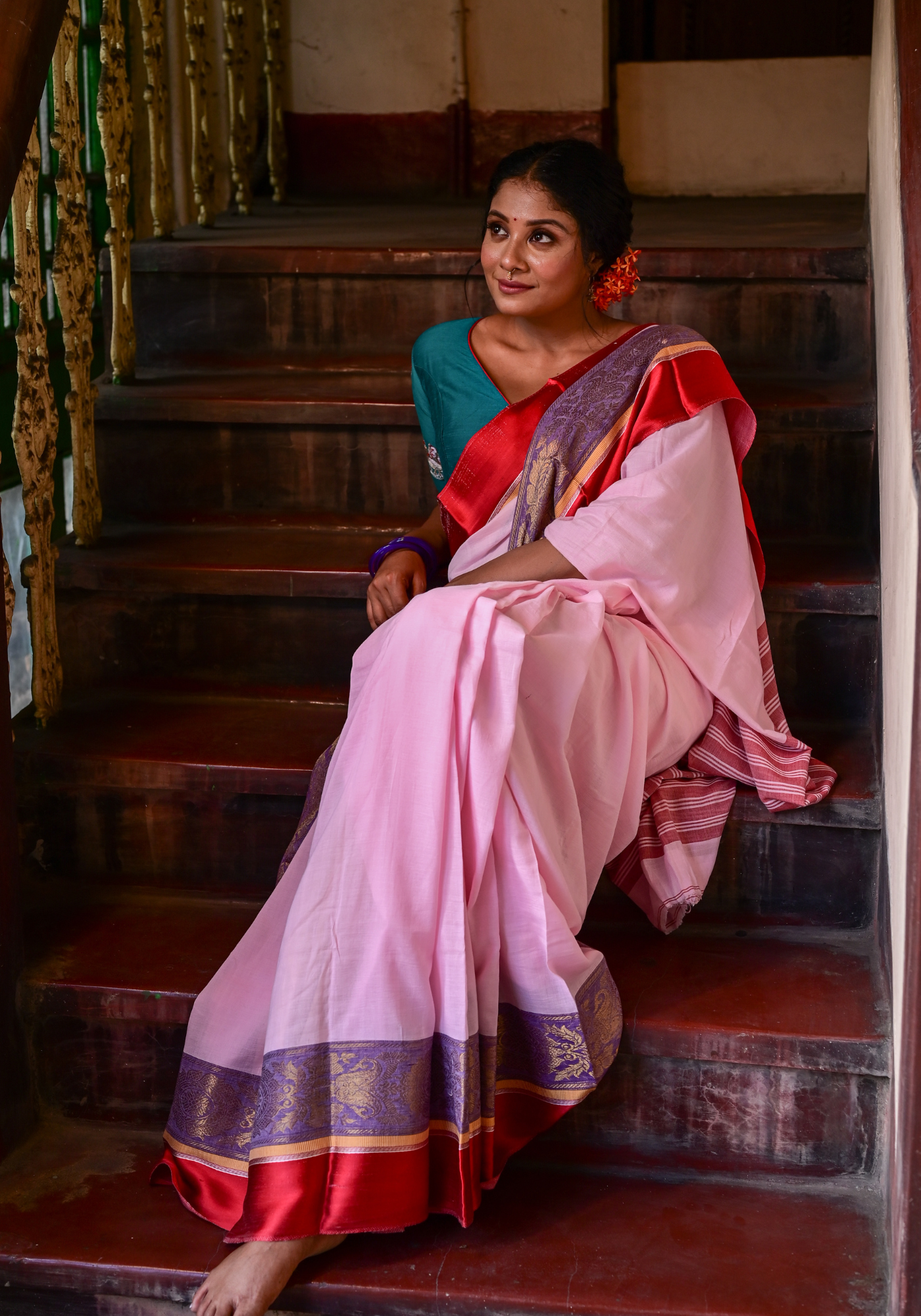 PINK SATIN RED PAAR TANT SAREE