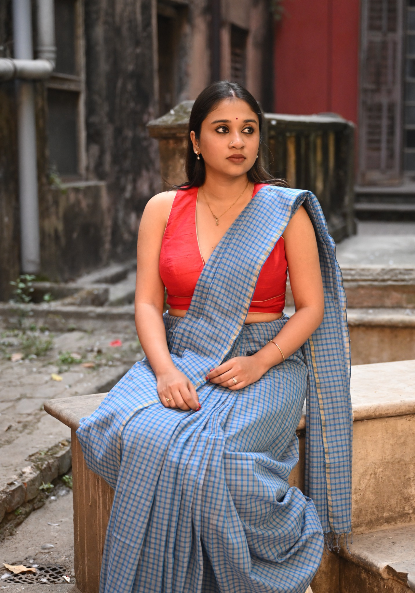 NEEL CREAM CHECK SAREE