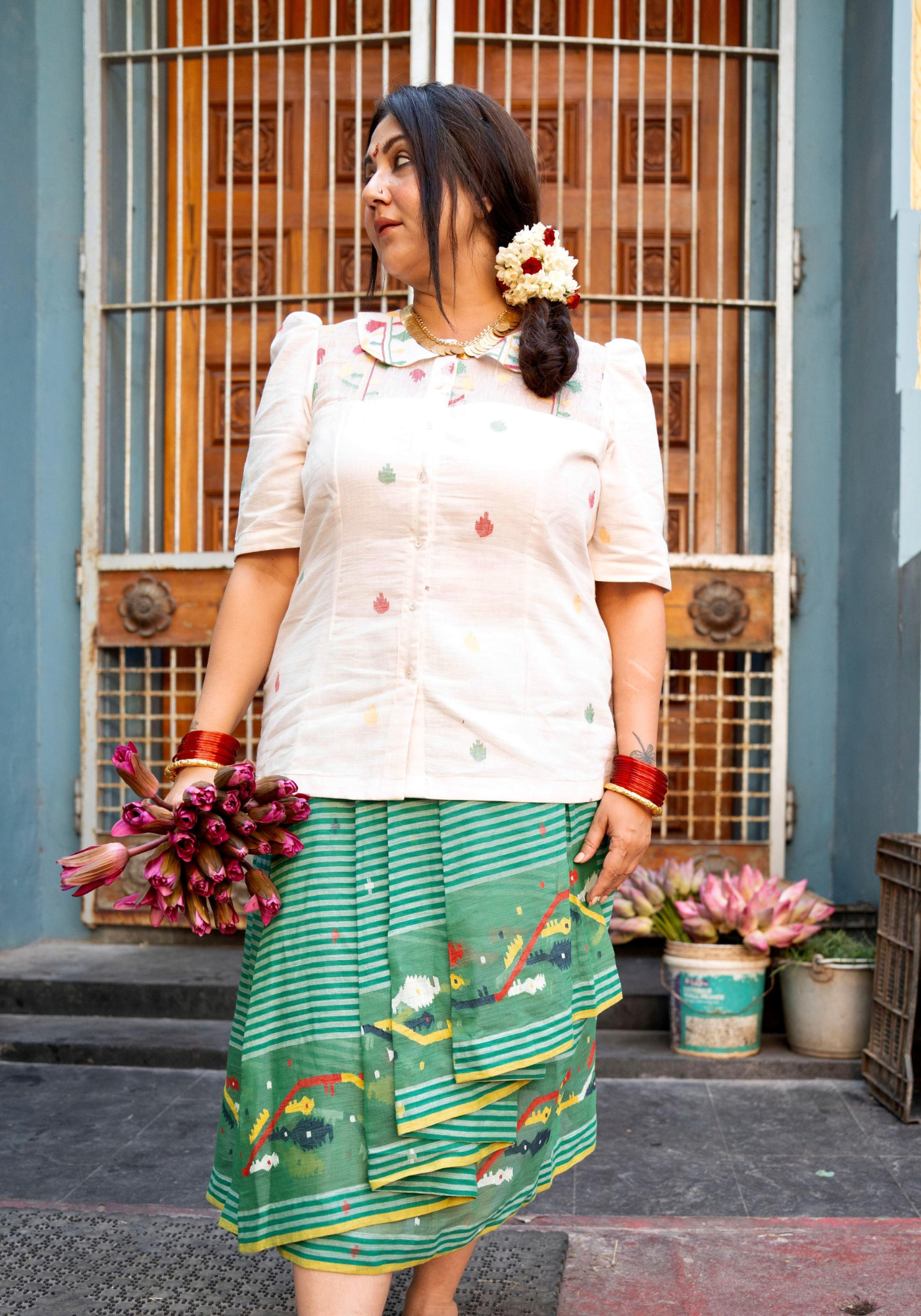 PONDICHERRY GREEN PLEATED SKIRT