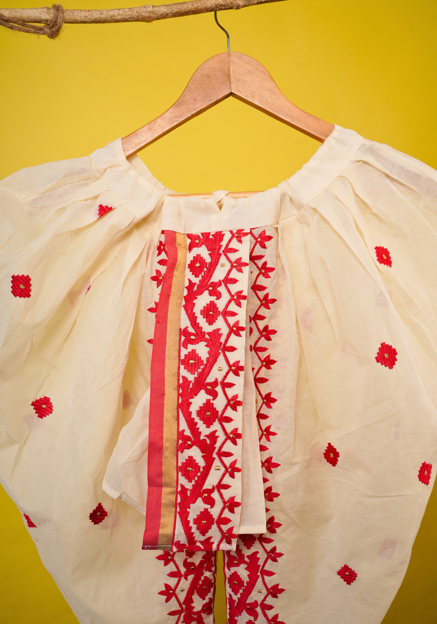 NEW JAMDANI KAJ RED & WHITE KURTA DHUTI SET