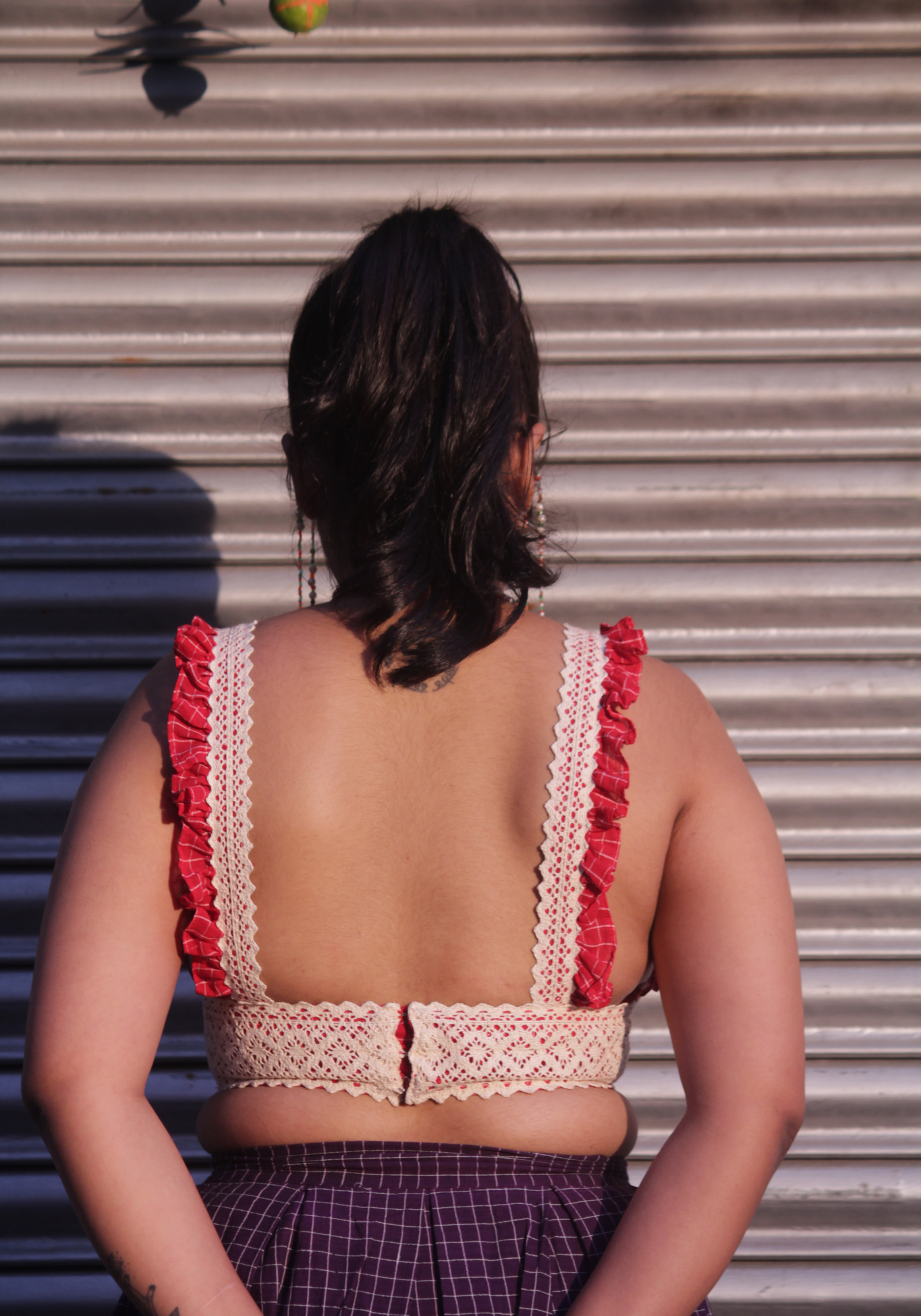 RED JAMDANI BUSTIER BLOUSE