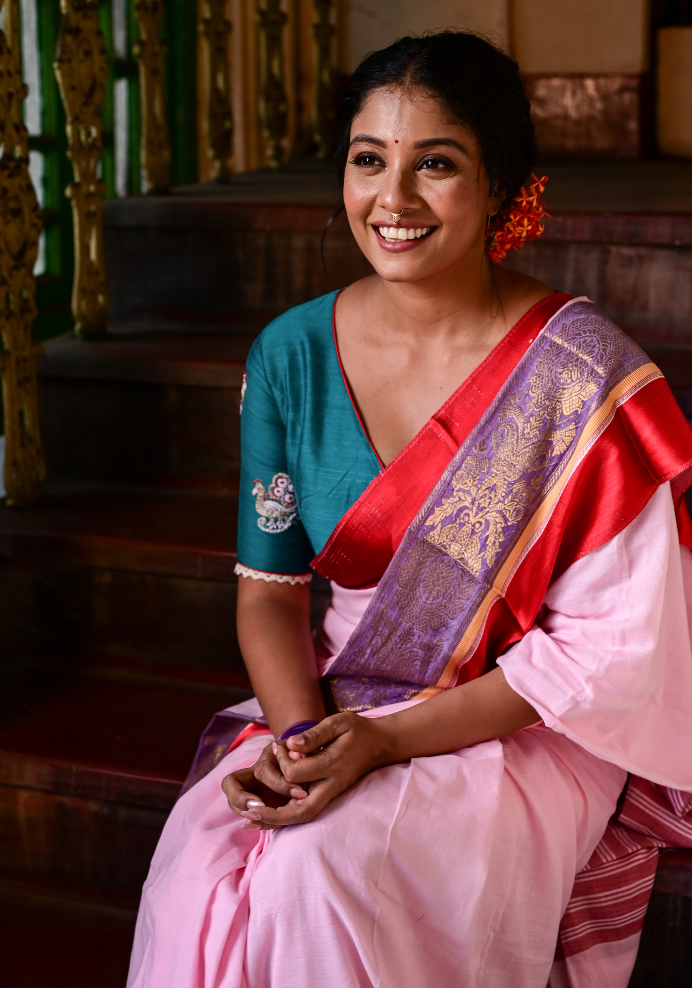 PINK SATIN RED PAAR TANT SAREE