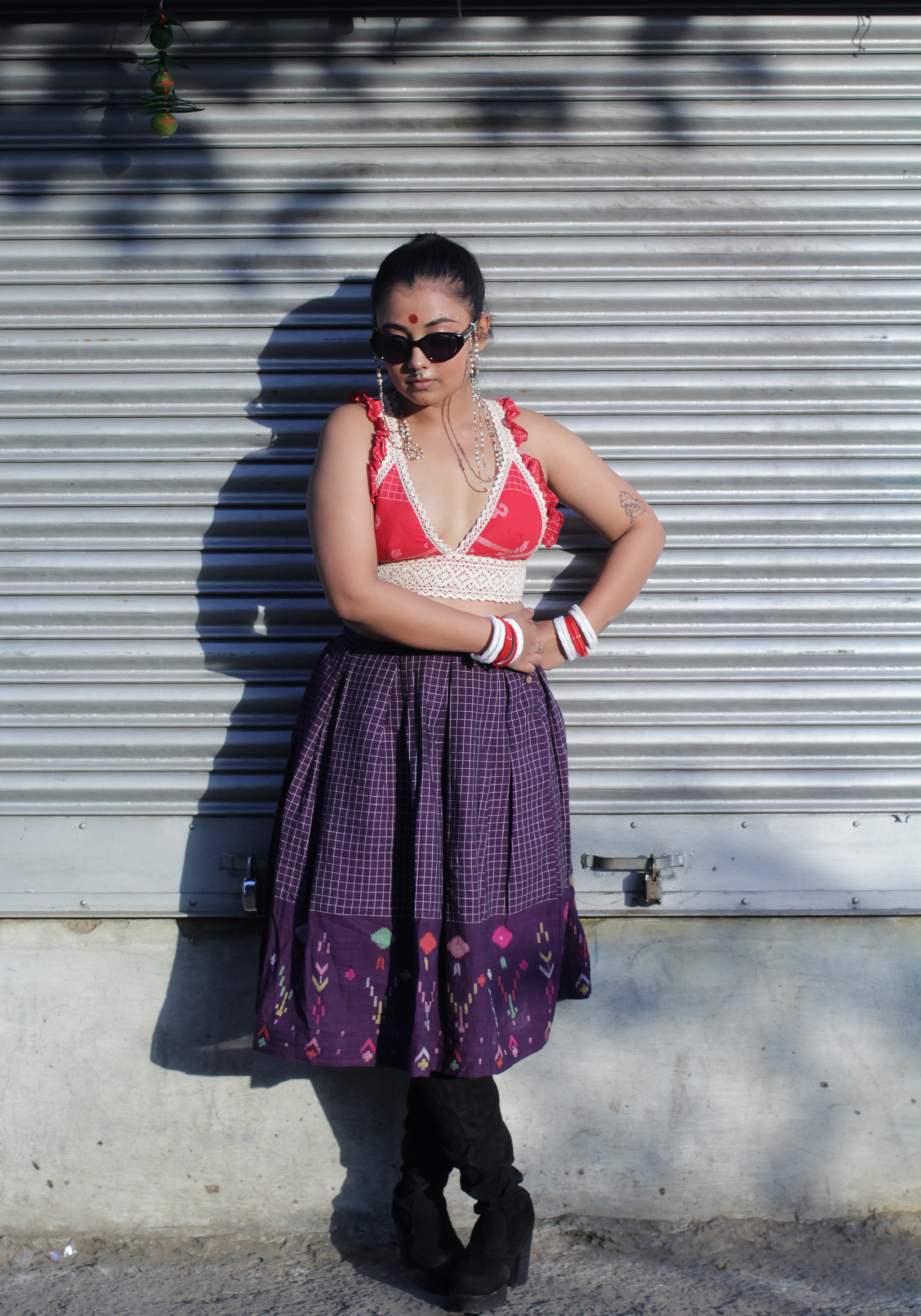 RED JAMDANI BUSTIER BLOUSE