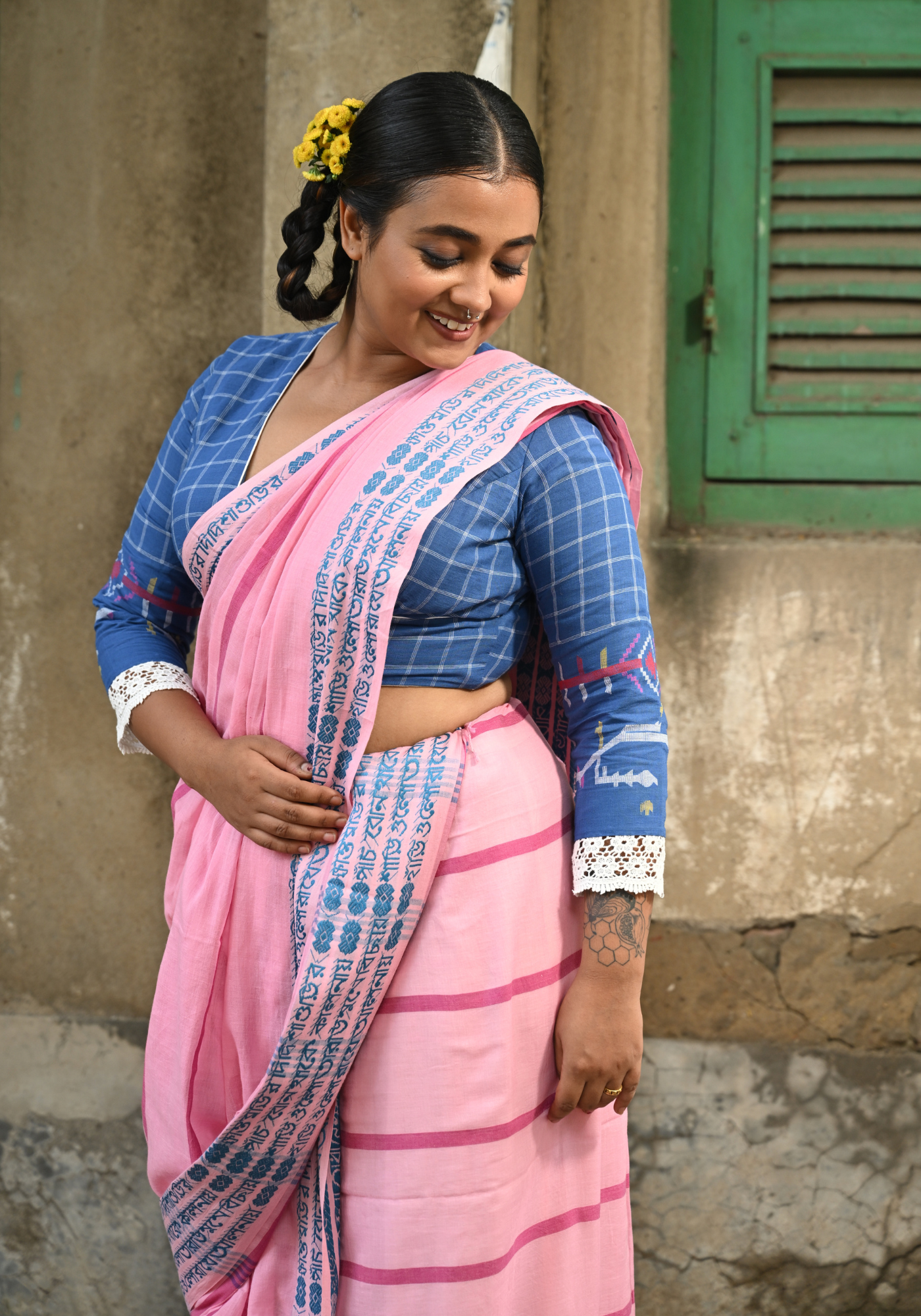 BLUE CHECK JAMDANI SHABEKI BLOUSE