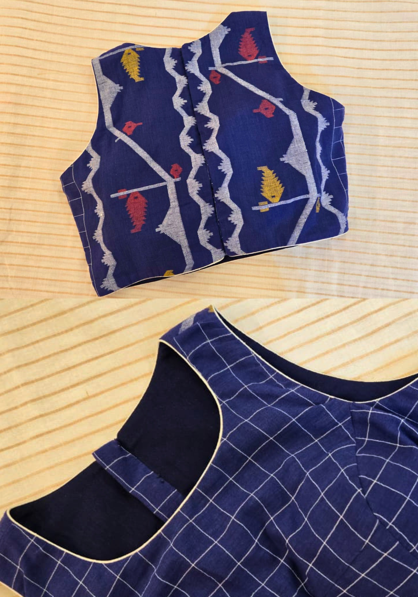 PUJOR SHOKAL NEEL CHECK SLEEVELESS BLOUSE