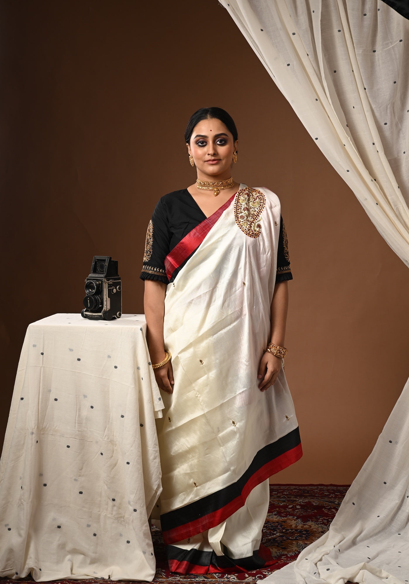 BLACK BALUCHARI DOUBLE KOLKA BLOUSE