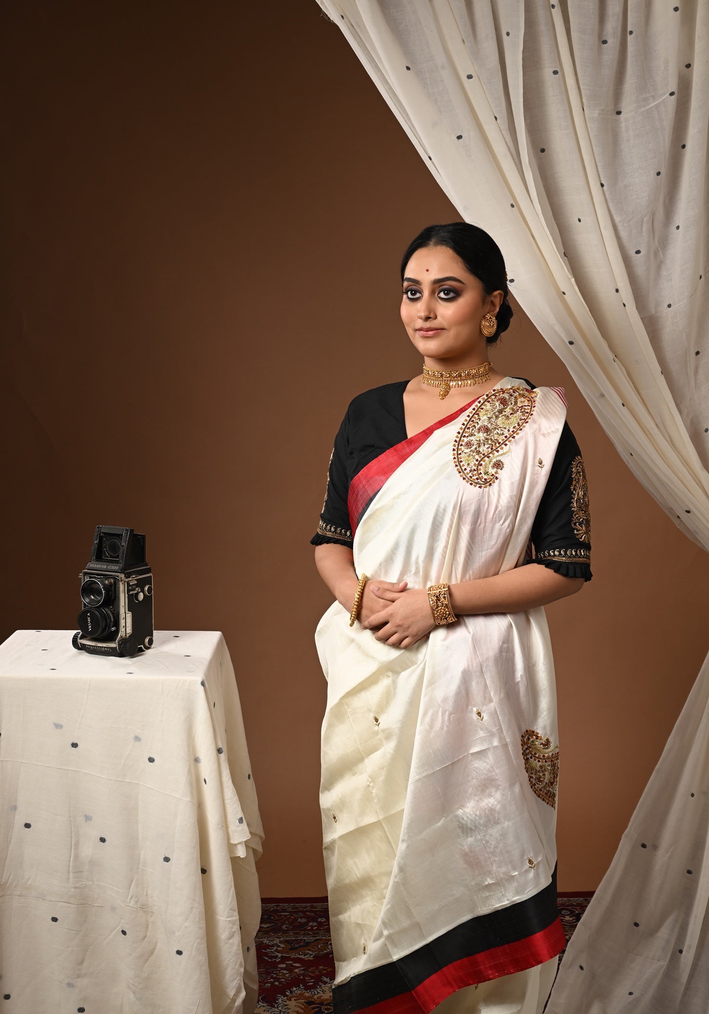 BLACK BALUCHARI DOUBLE KOLKA BLOUSE