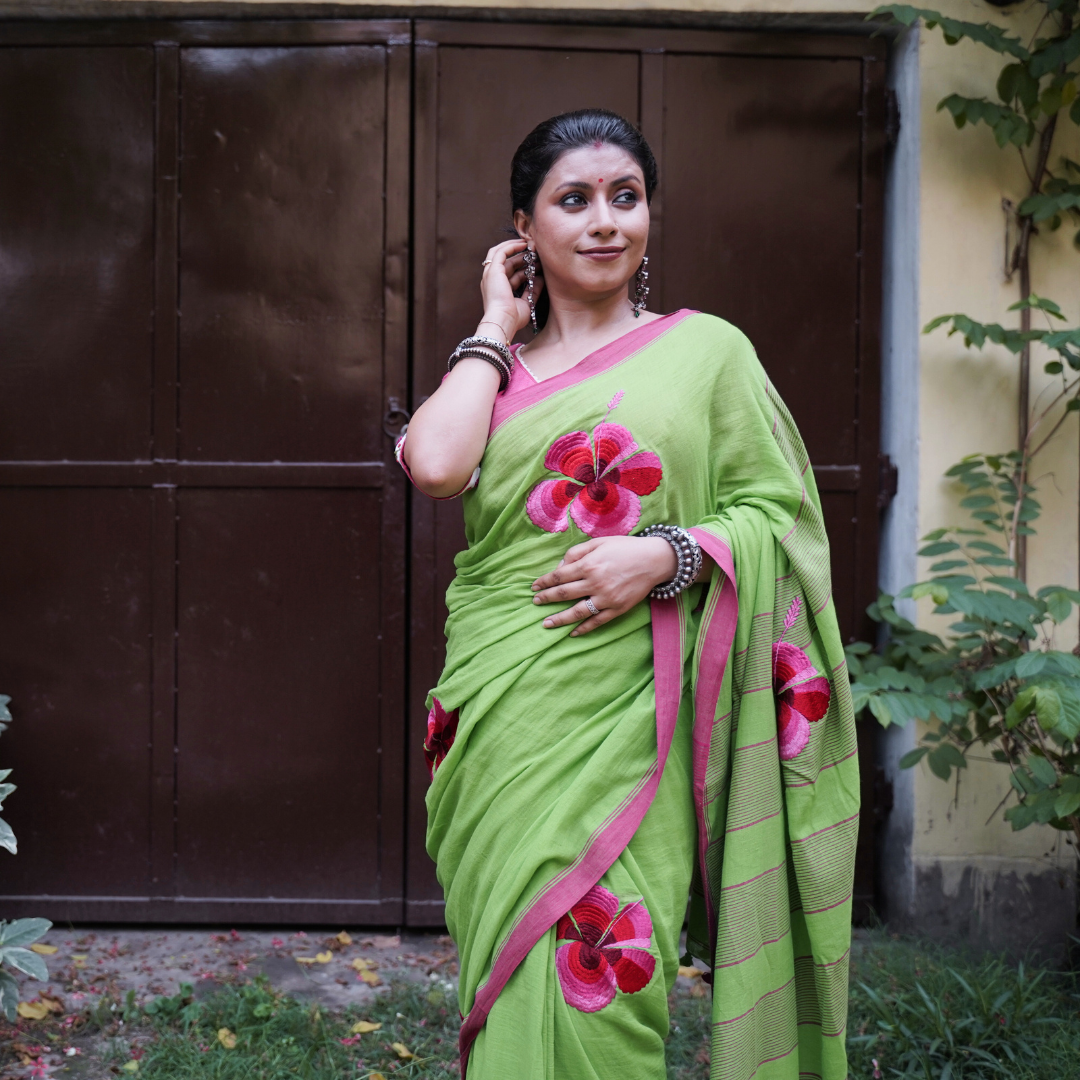 Green Hibiscus Saree