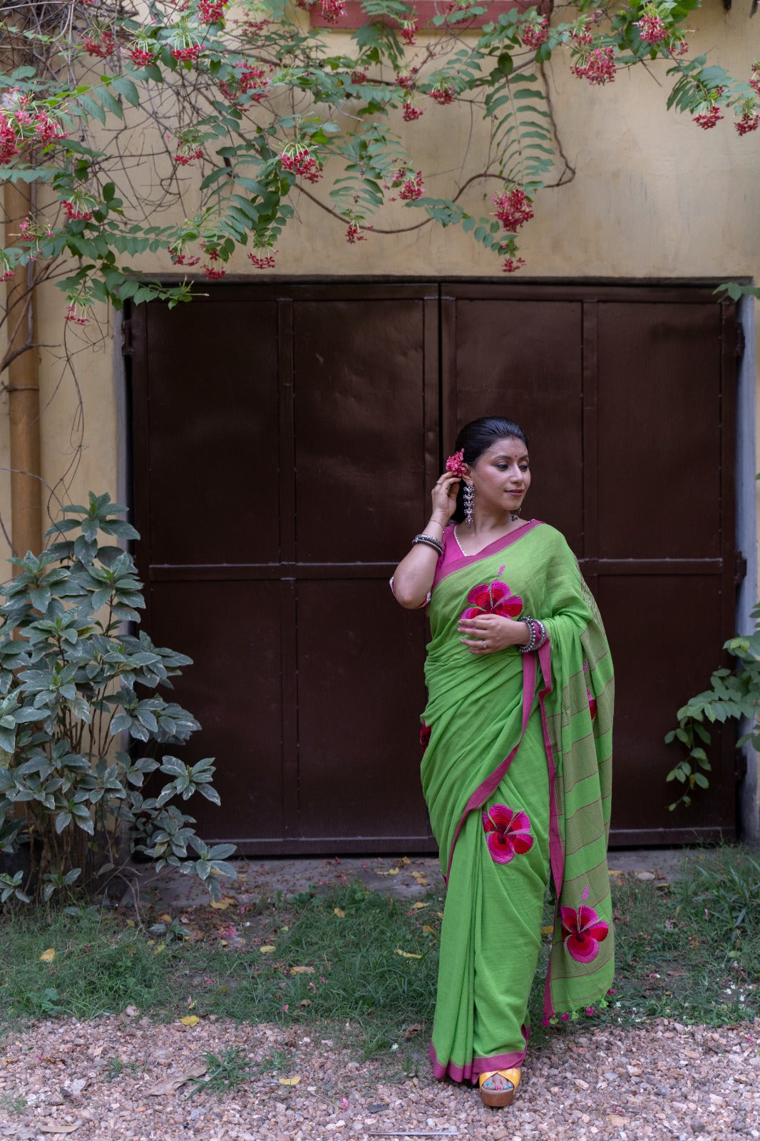 Green Hibiscus Saree