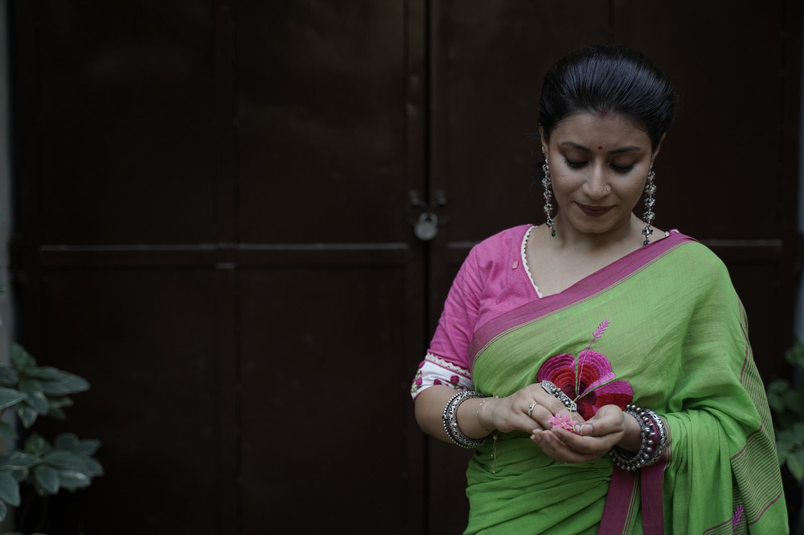 Green Hibiscus Saree