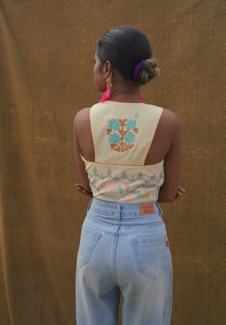 SHADA SHOBUJ GOLAP JAMDANI RACER BACK BLOUSE