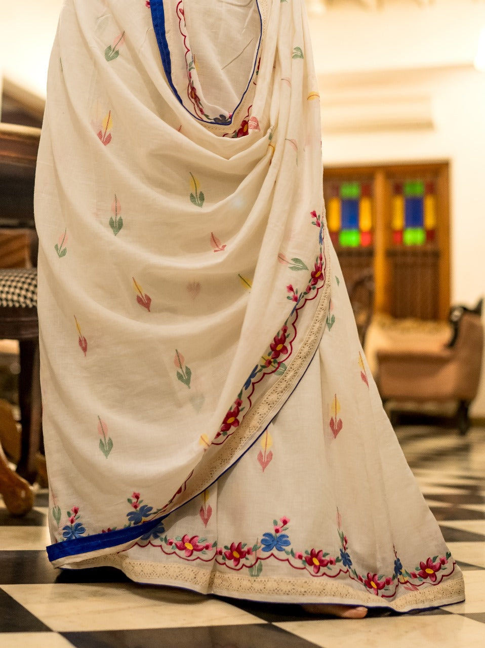 WHITE CAMELLIA RUMAL SAREE