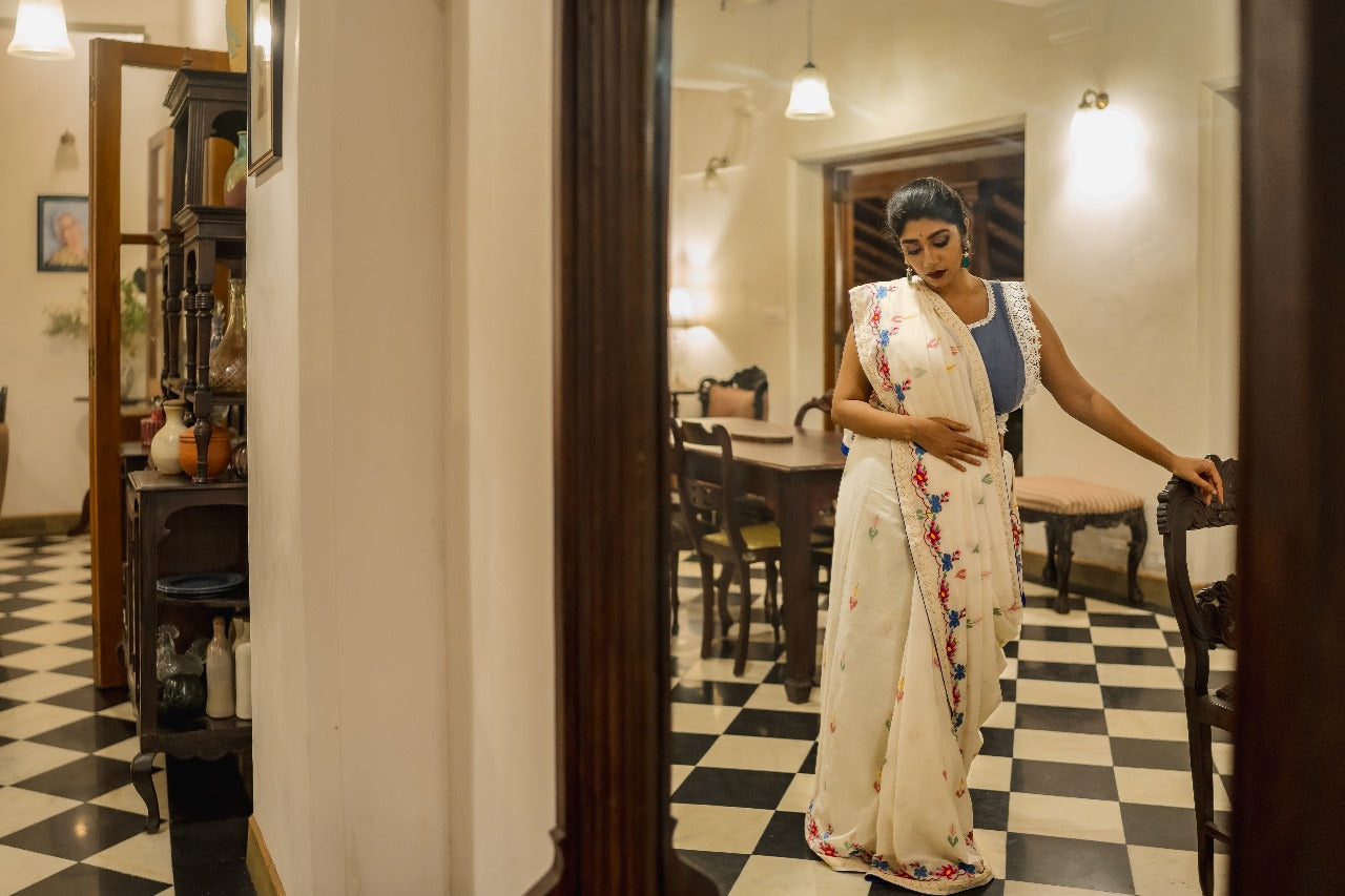 WHITE CAMELLIA RUMAL SAREE