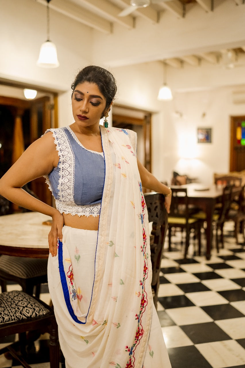 WHITE CAMELLIA RUMAL SAREE