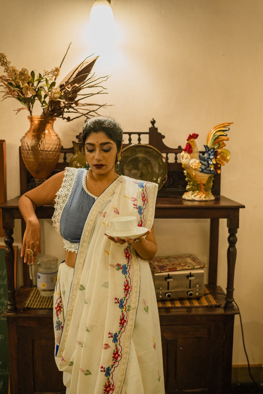 WHITE CAMELLIA RUMAL SAREE
