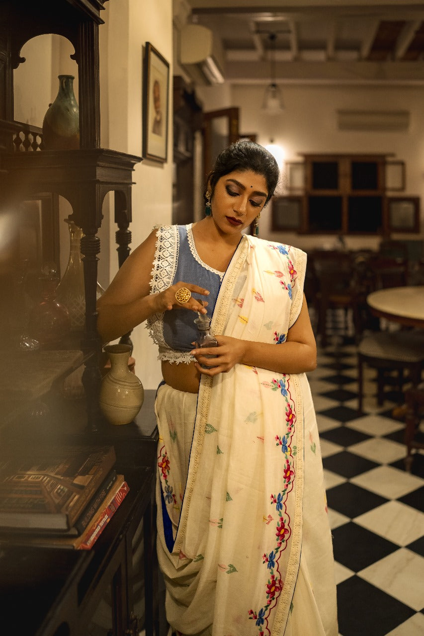 WHITE CAMELLIA RUMAL SAREE
