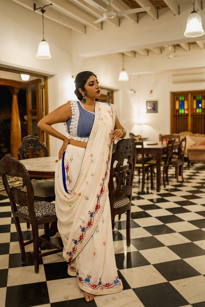 WHITE CAMELLIA RUMAL SAREE