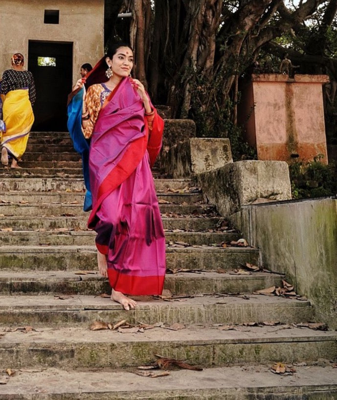 RASPBERRY ROSE WITH BLUE BORDER GOROD SAREE