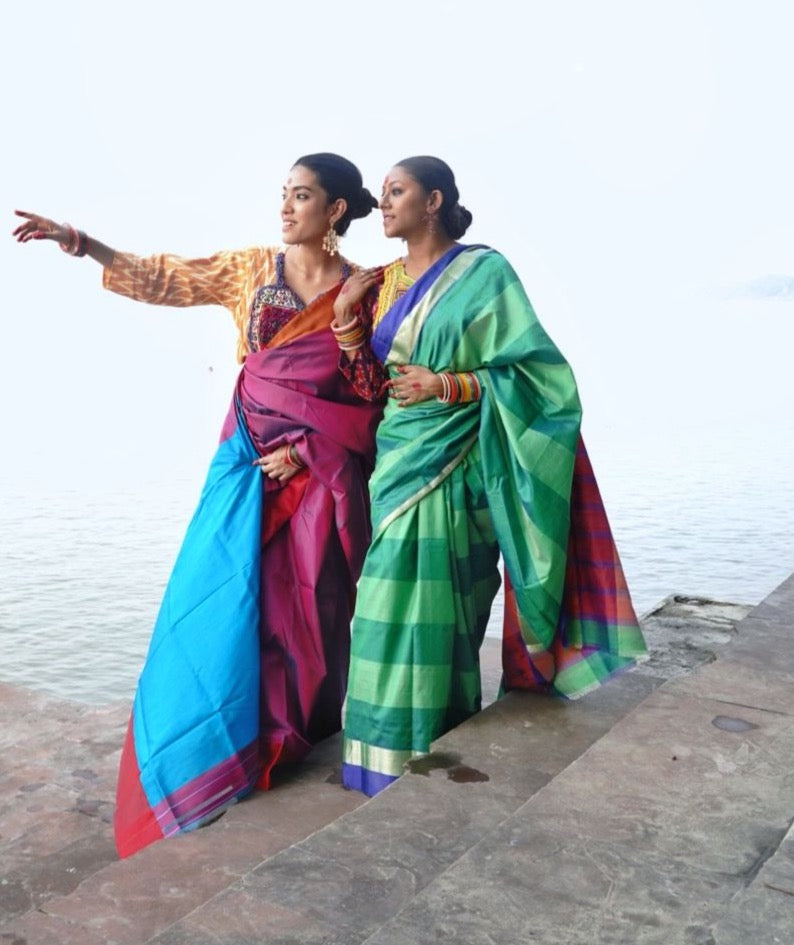 RASPBERRY ROSE WITH BLUE BORDER GOROD SAREE