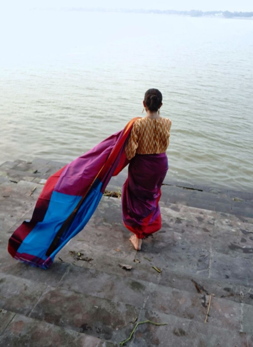 RASPBERRY ROSE WITH BLUE BORDER GOROD SAREE
