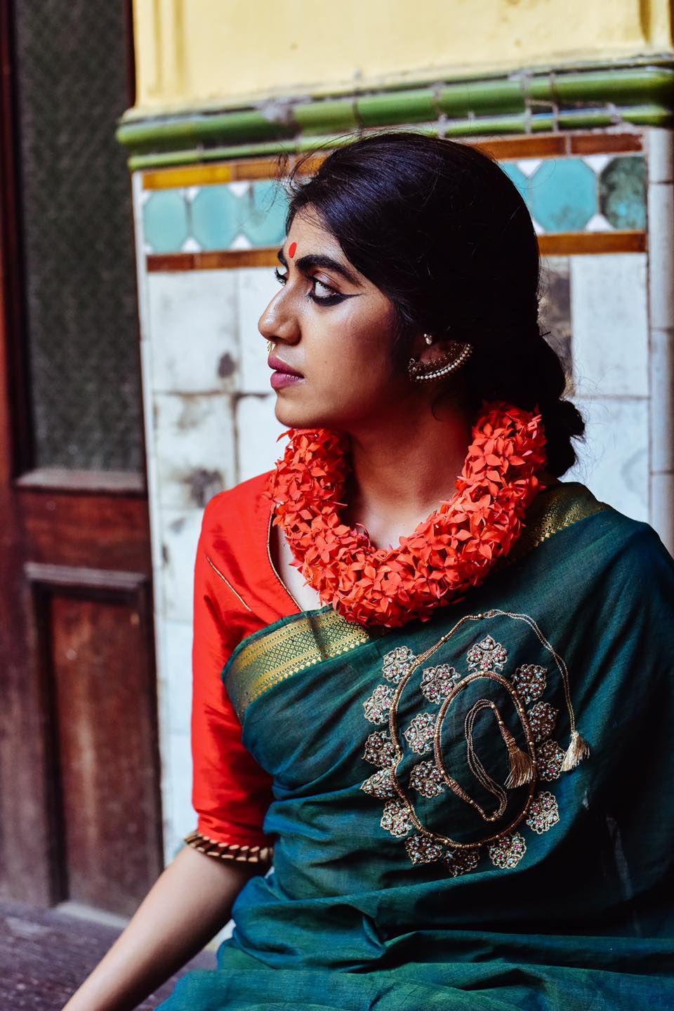 BOTTLE GREEN COTTON MANGALGIRI WITH TASSEL NECKLACE (SAREE)