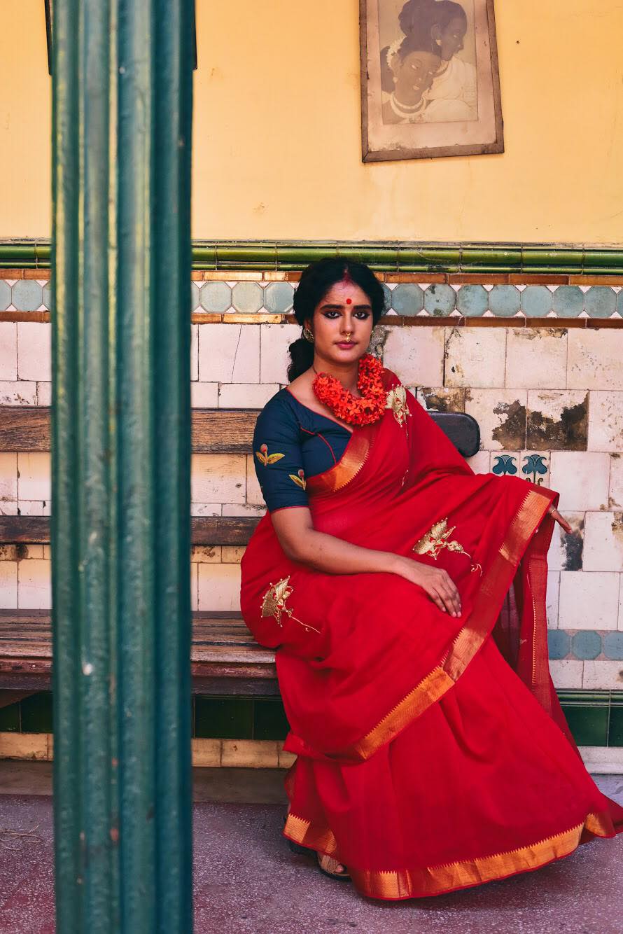 RED COTTON MANGALGIRI WITH LOTUS (SAREE)