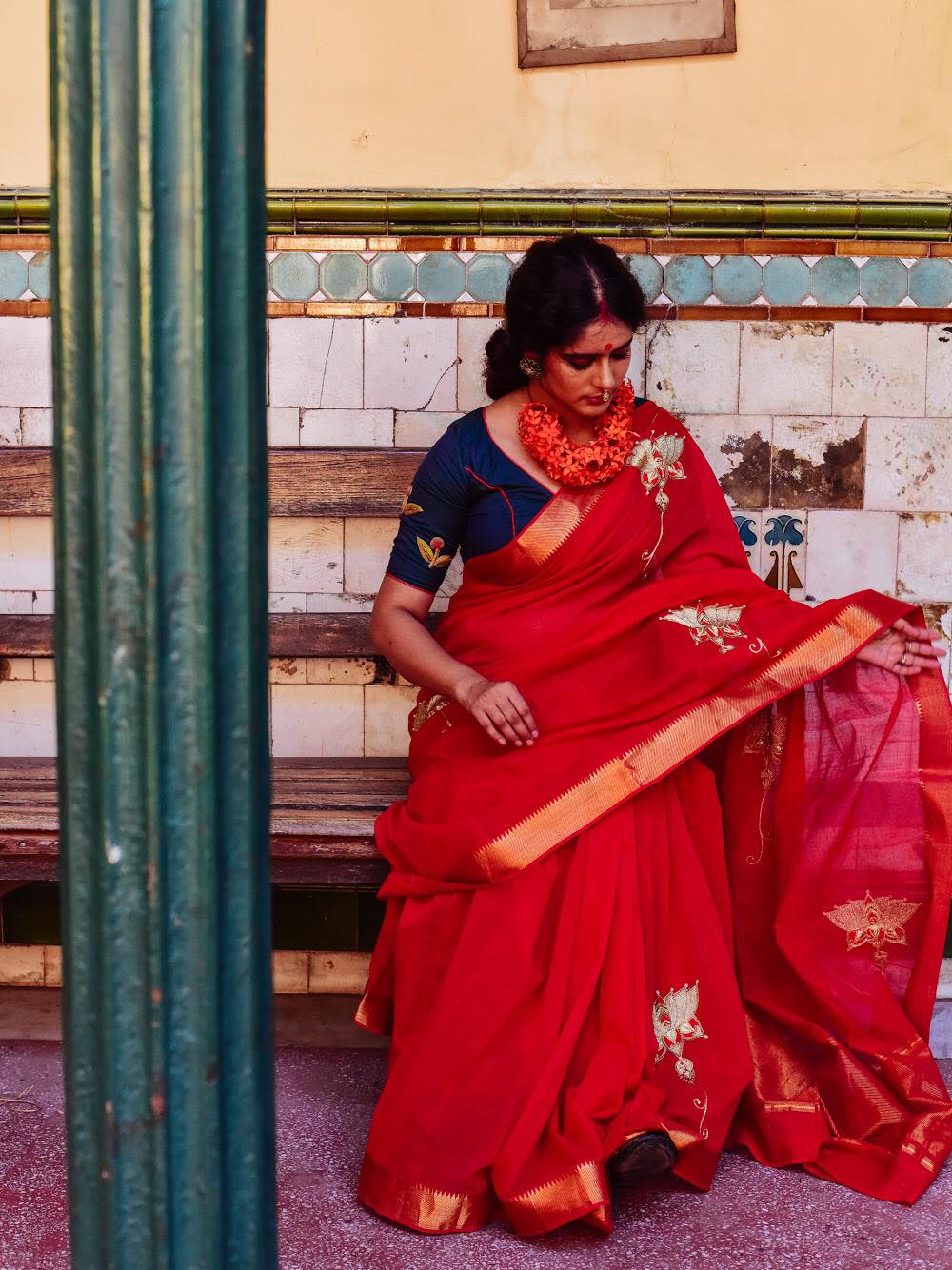 RED COTTON MANGALGIRI WITH LOTUS (SAREE)