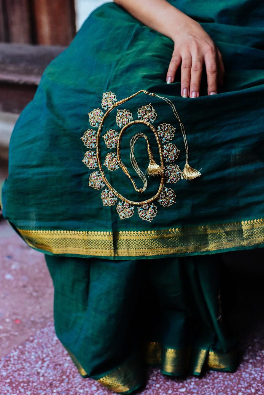 BOTTLE GREEN COTTON MANGALGIRI WITH TASSEL NECKLACE (SAREE)