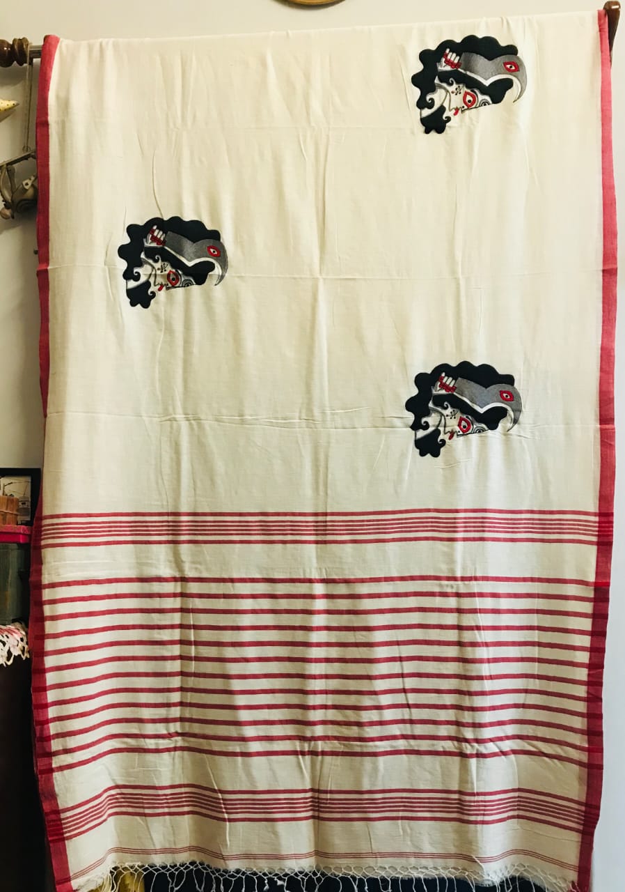WHITE-RED BORDER KALI 2 SAREE