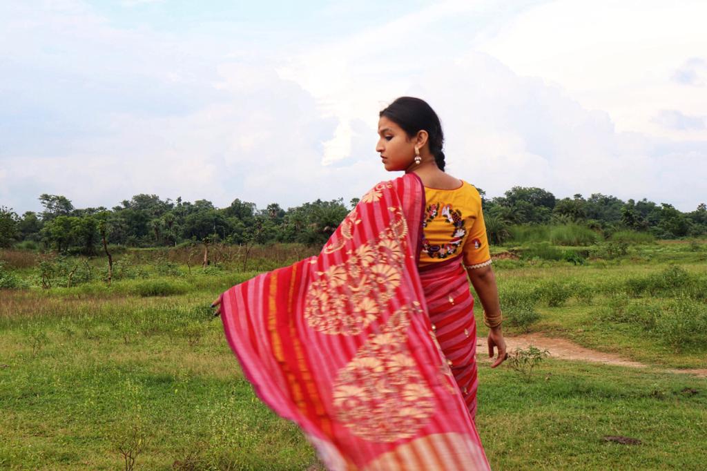 RED STRIPE KANTHA SAREE