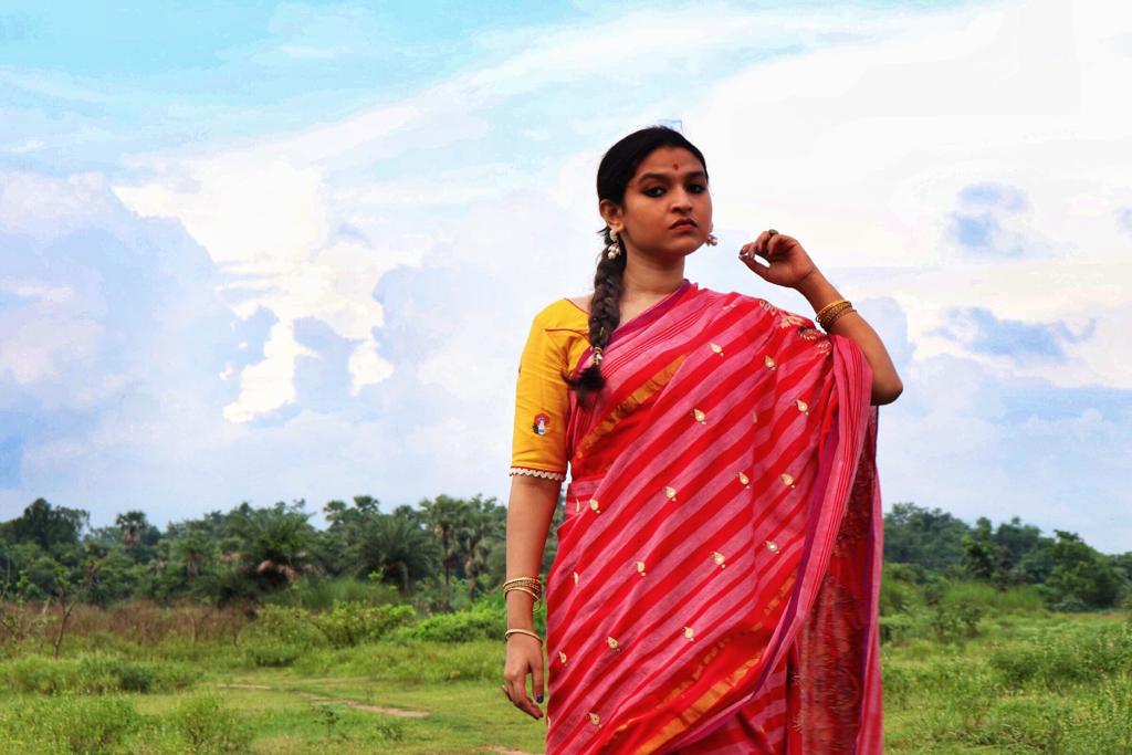 RED STRIPE KANTHA SAREE