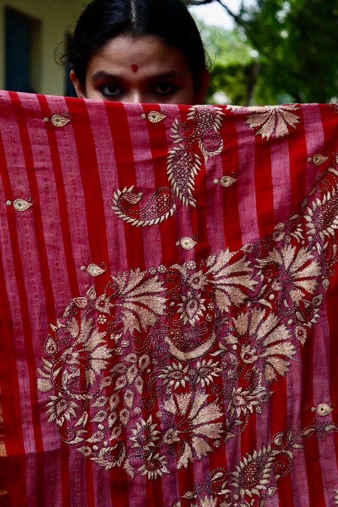 RED STRIPE KANTHA SAREE