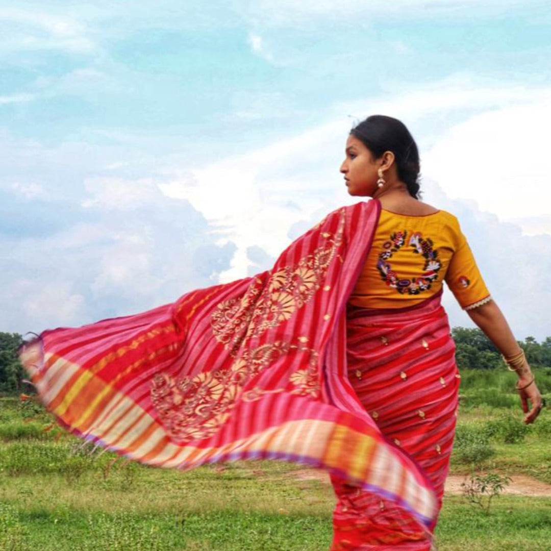 RED STRIPE KANTHA SAREE