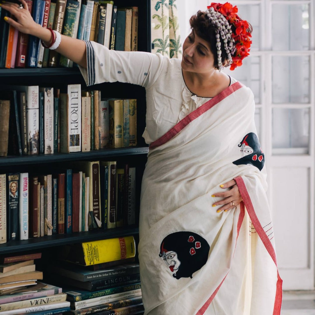 WHITE-RED BORDER KALI 1 SAREE