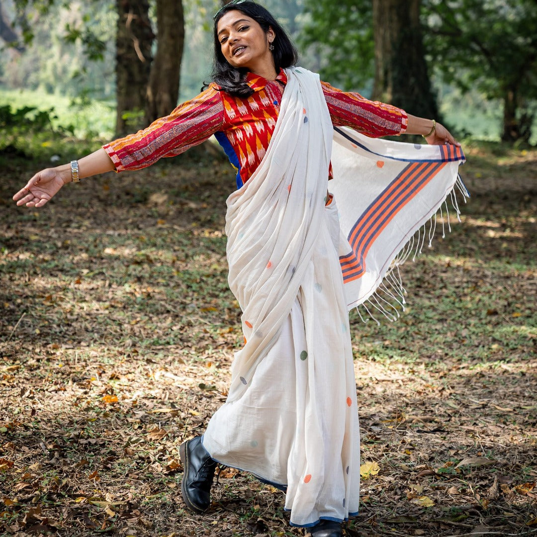 WHITE MULTI POLKA JAMDANI