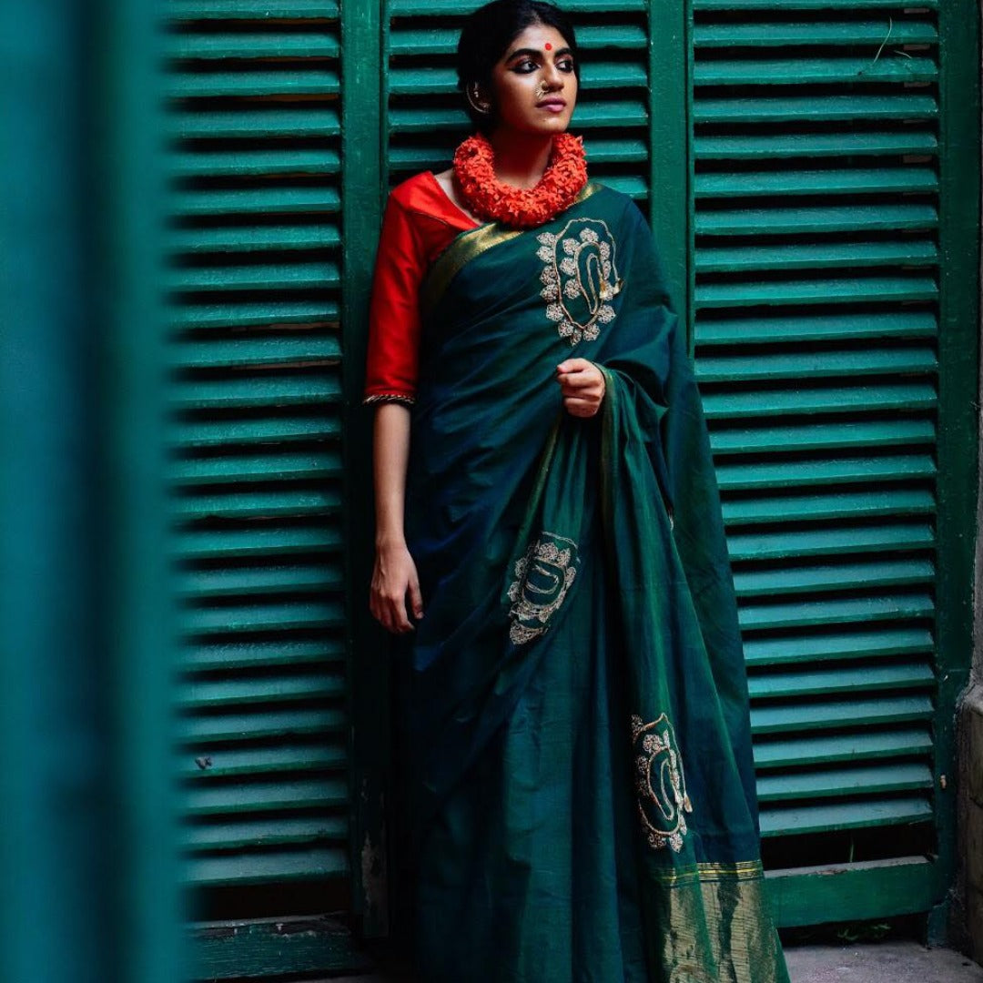 BOTTLE GREEN COTTON MANGALGIRI WITH TASSEL NECKLACE (SAREE)