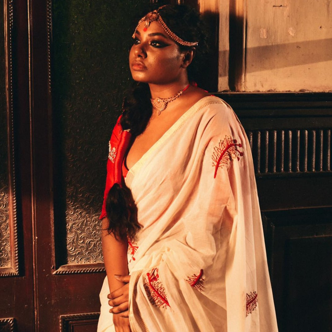 WHITE COTTON MANGALGIRI HIBISCUS (SAREE)
