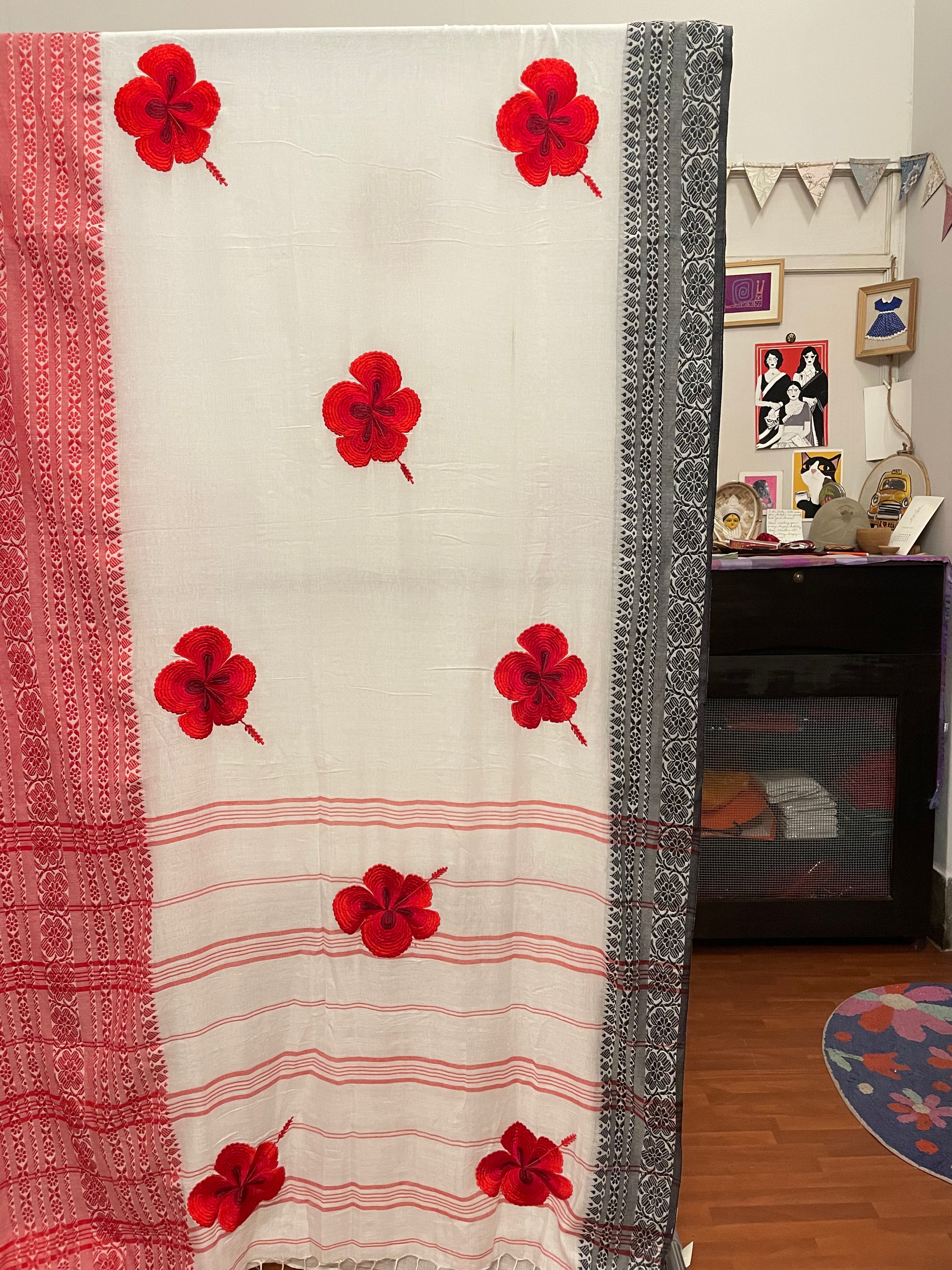 WHITE-RED JABA SAREE