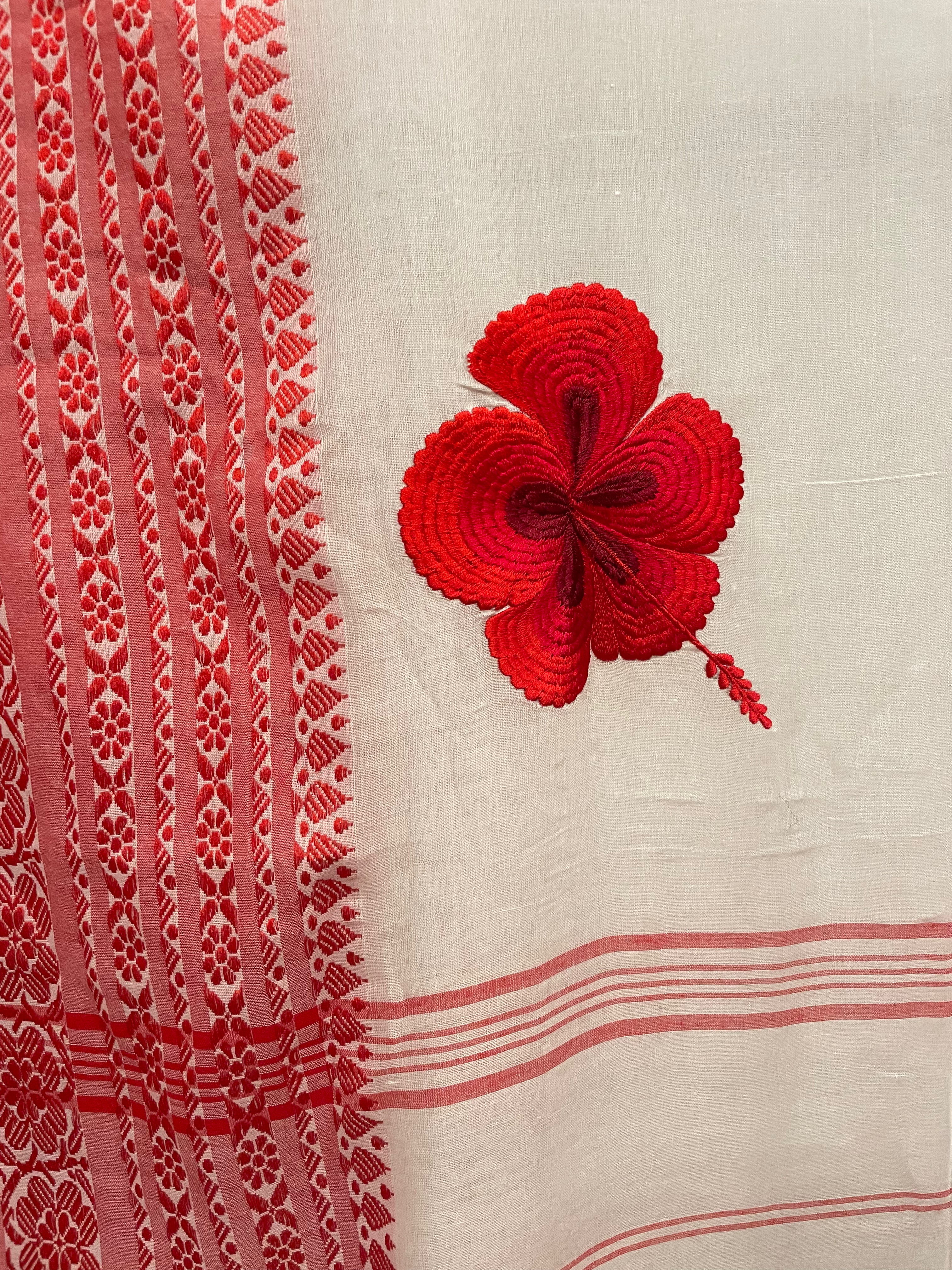 WHITE-RED JABA SAREE